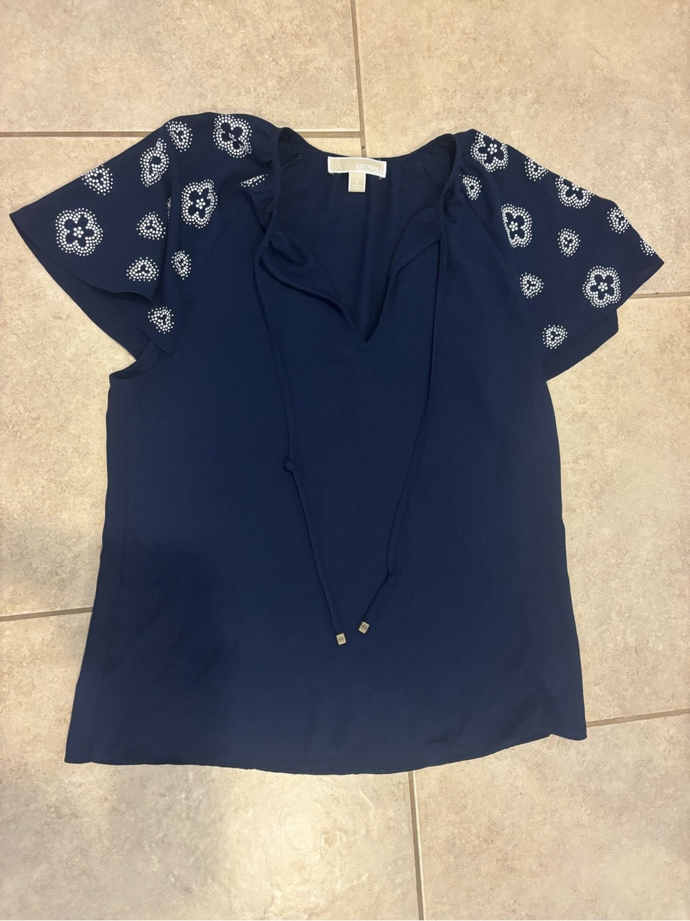 Michael Kors Navy Tie-Neck Blouse with Embroidered Flutter Sleeves